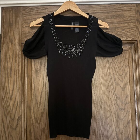Bisou Bisou Black Beaded Cold Shoulder Knit Sweater Blouse - Picture 1 of 11